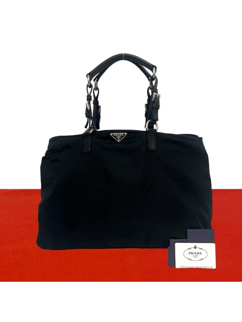 Prada Triangle Logo Tessuto Pocono Nylon Leather Tote Shoulder Bag Black